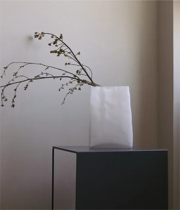 Paper Bag Glass Vases in Frosted White, Three Sizes — in a room setting