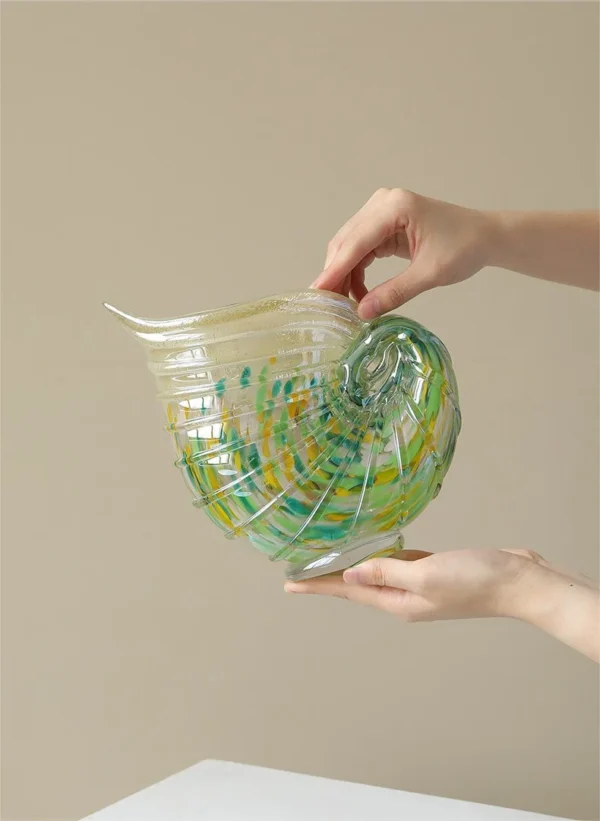 Conch Shell Glass Vase in Green and Yellow, Medium — in a room setting