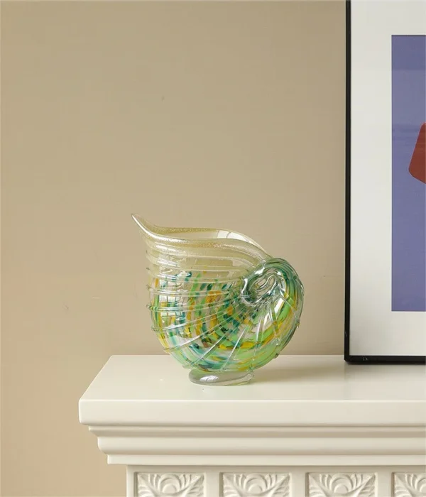 Conch Shell Glass Vase in Green and Yellow, Medium — in a room setting