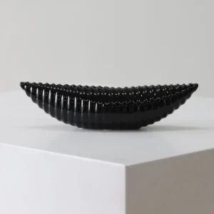 Glossy Black Ribbed Boat Bowl Ornament, Small in black — front view