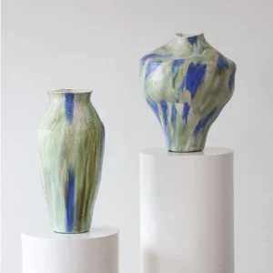 Jingdezhen Blue-Green Drip Glaze Wabi-Sabi Jar Vases, Large in blue — front view