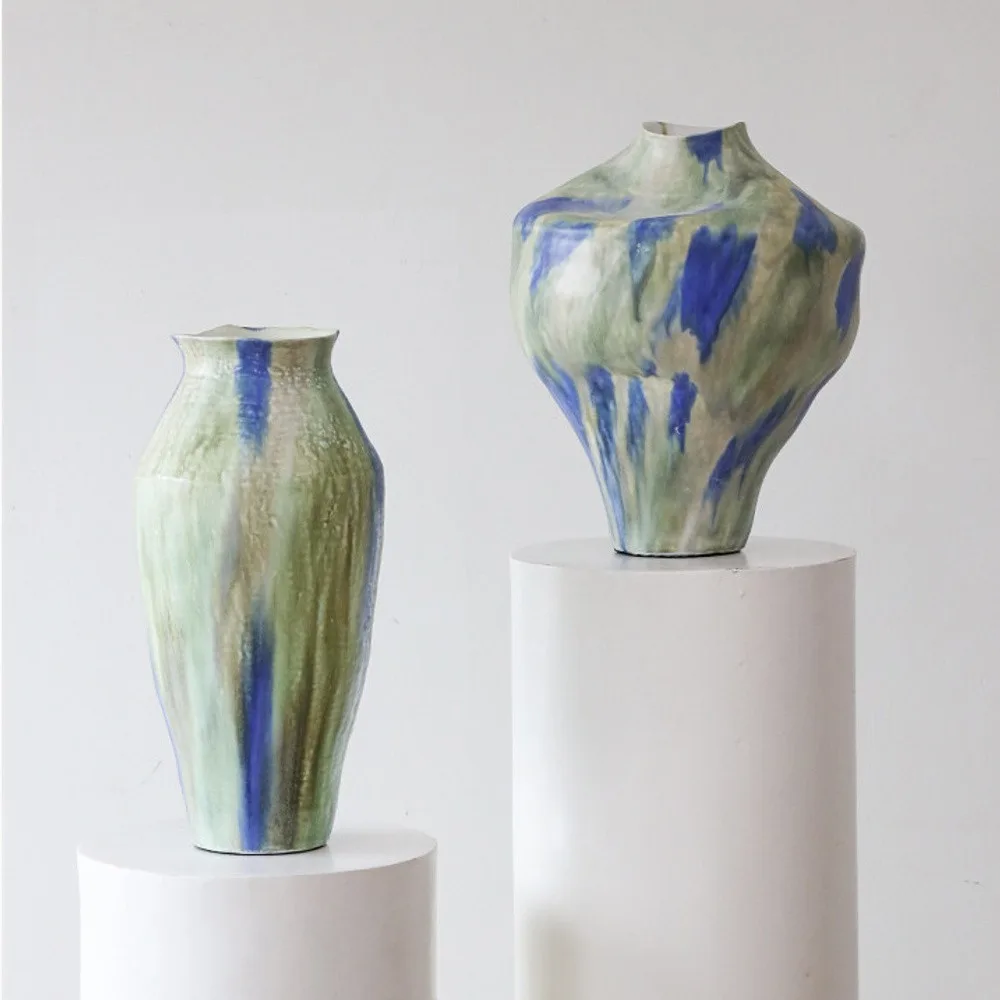 Jingdezhen Blue-Green Drip Glaze Wabi-Sabi Jar Vases, Large in blue — front view