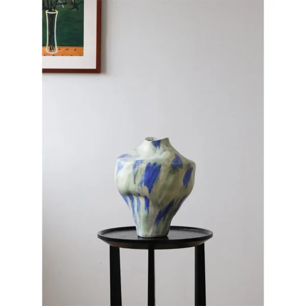 Jingdezhen Blue-Green Drip Glaze Wabi-Sabi Jar Vases, Large in blue — in a room setting