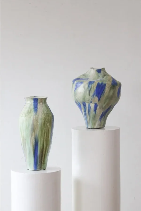 Jingdezhen Blue-Green Drip Glaze Wabi-Sabi Jar Vases, Large in blue — in a room setting