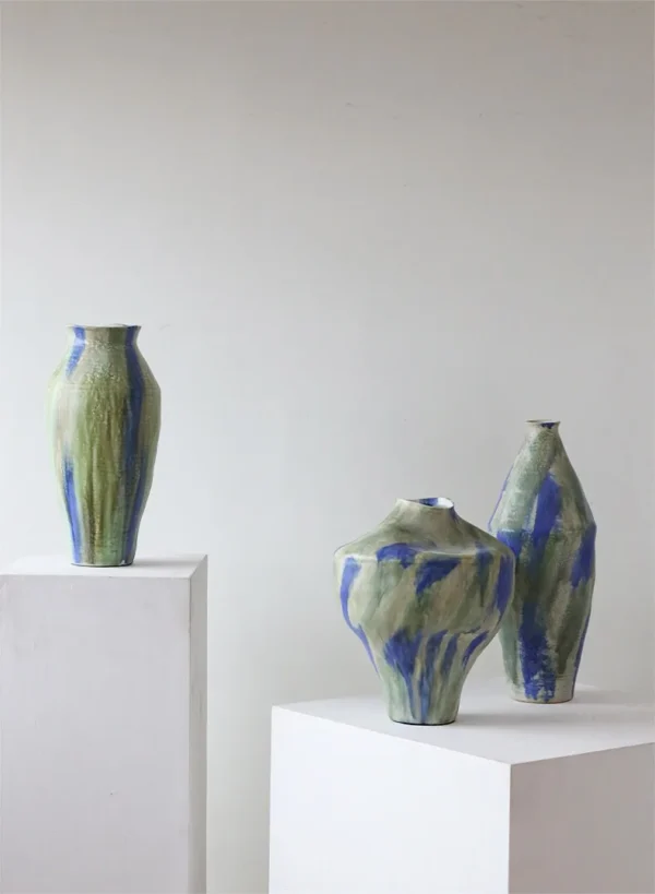 Jingdezhen Blue-Green Drip Glaze Wabi-Sabi Jar Vases, Large in blue — in a room setting