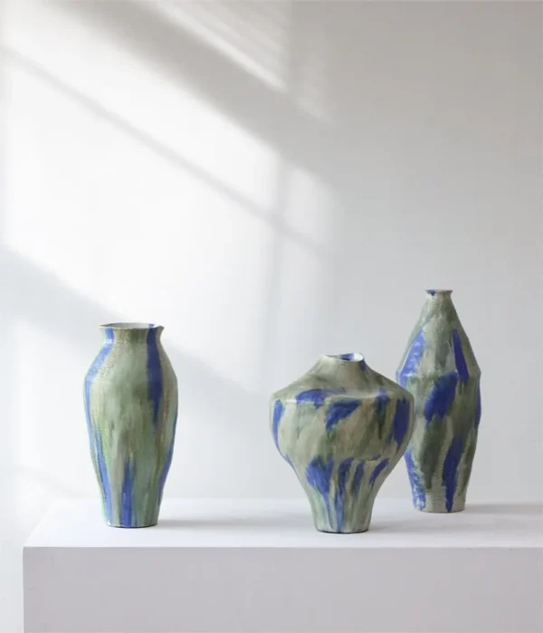 Jingdezhen Blue-Green Drip Glaze Wabi-Sabi Jar Vases, Large in blue — in a room setting
