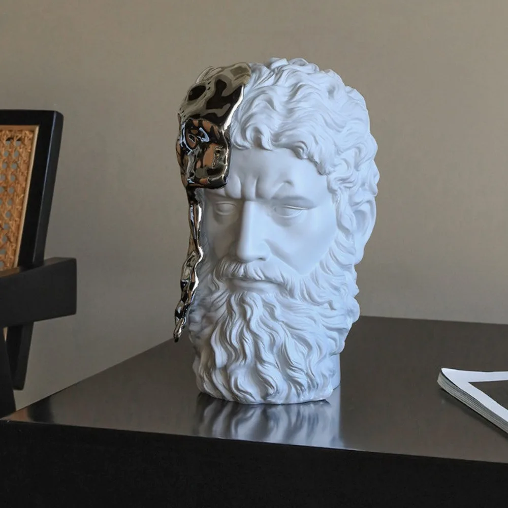 Half Self Bearded Bust Sculpture with Mirror-Silver Face in ivory — front view