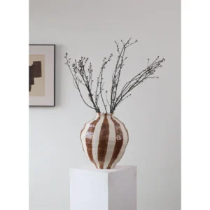 Wabi-Sabi Striped Round-Belly Ceramic Vases, Three Sizes in clay — in a room setting