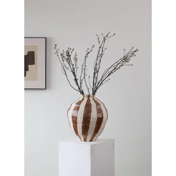 Wabi-Sabi Striped Round-Belly Ceramic Vases, Three Sizes in clay — in a room setting