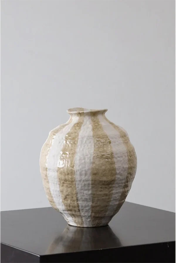 Wabi-Sabi Striped Round-Belly Ceramic Vases, Three Sizes in clay — in a room setting