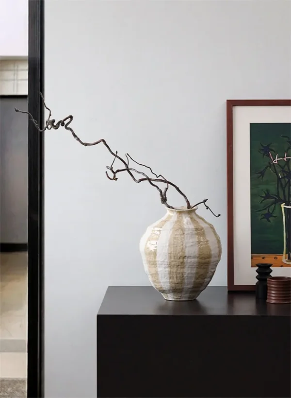 Wabi-Sabi Striped Round-Belly Ceramic Vases, Three Sizes in clay — in a room setting
