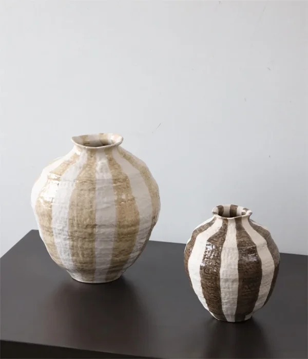 Wabi-Sabi Striped Round-Belly Ceramic Vases, Three Sizes in clay — in a room setting