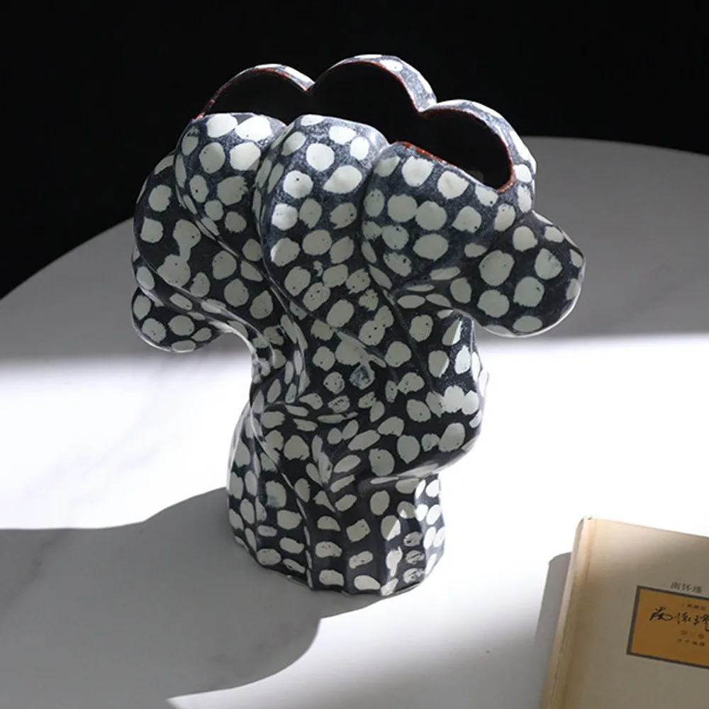 Jingdezhen Black and White Dotted Sculptural Art Vase, Large in black — front view