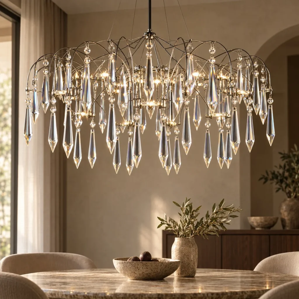 Crystal Chain Web Chandelier, 57 or 114 Drops in silver — front view