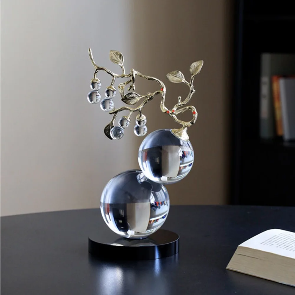 Crystal Double Gourd Ornament with Gilt Branch on Black Base in ivory — front view