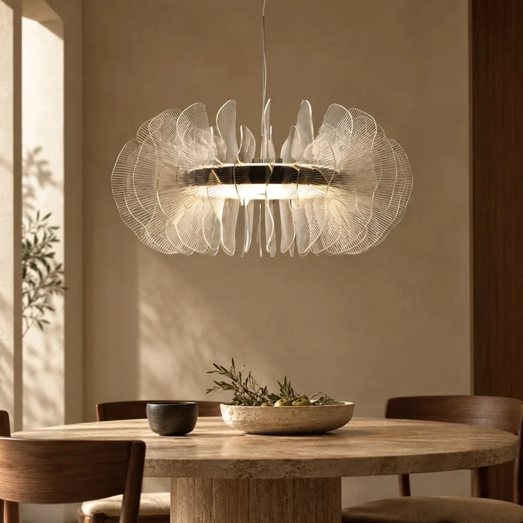 Crystal Petal Flat Round Pendant Light, Three Sizes in silver — front view