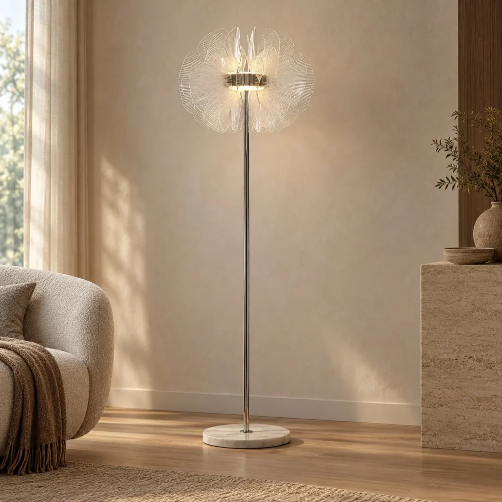 Crystal Petal Floor Lamp on Chrome Stem and Marble Base in silver — front view