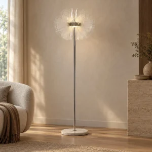 Crystal Petal Floor Lamp on Chrome Stem and Marble Base in silver — front view