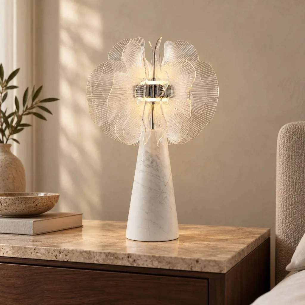 Crystal Petal Table Lamp on White Marble Cone in ivory — front view