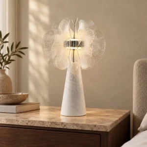 Crystal Petal Table Lamp on White Marble Cone in ivory — front view