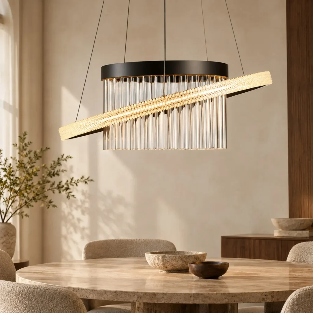 Crystal Tilted Ring Pendant Light with Gold Bar, 70 or 85 cm in silver — front view