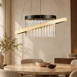 Crystal Tilted Ring Pendant Light with Gold Bar, 70 or 85 cm in silver — front view