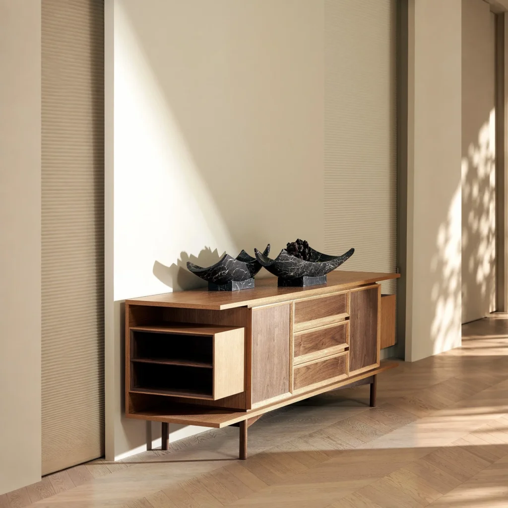 Cube Cabinet in Walnut and Oak with Open Side Shelves — front view