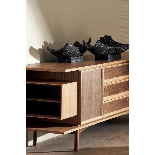 Cube Cabinet in Walnut and Oak with Open Side Shelves — in a room setting