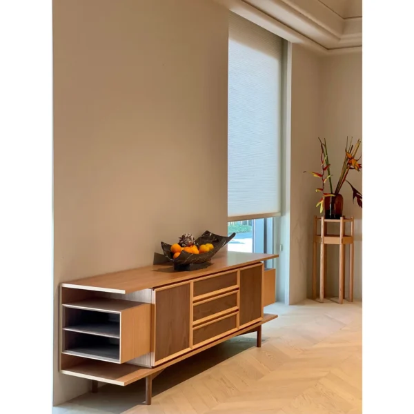 Cube Cabinet in Walnut and Oak with Open Side Shelves — in a room setting
