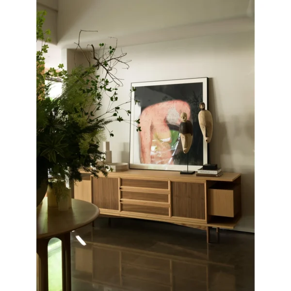 Cube Cabinet in Walnut and Oak with Open Side Shelves — in a room setting