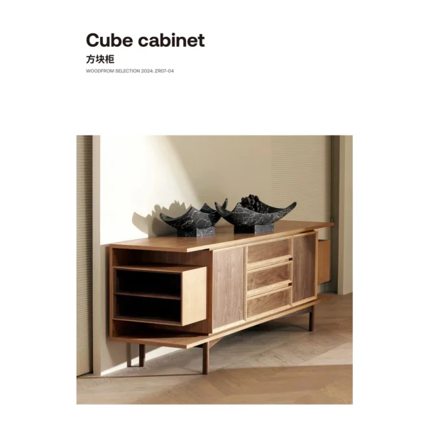 Cube Cabinet in Walnut and Oak with Open Side Shelves — in a room setting