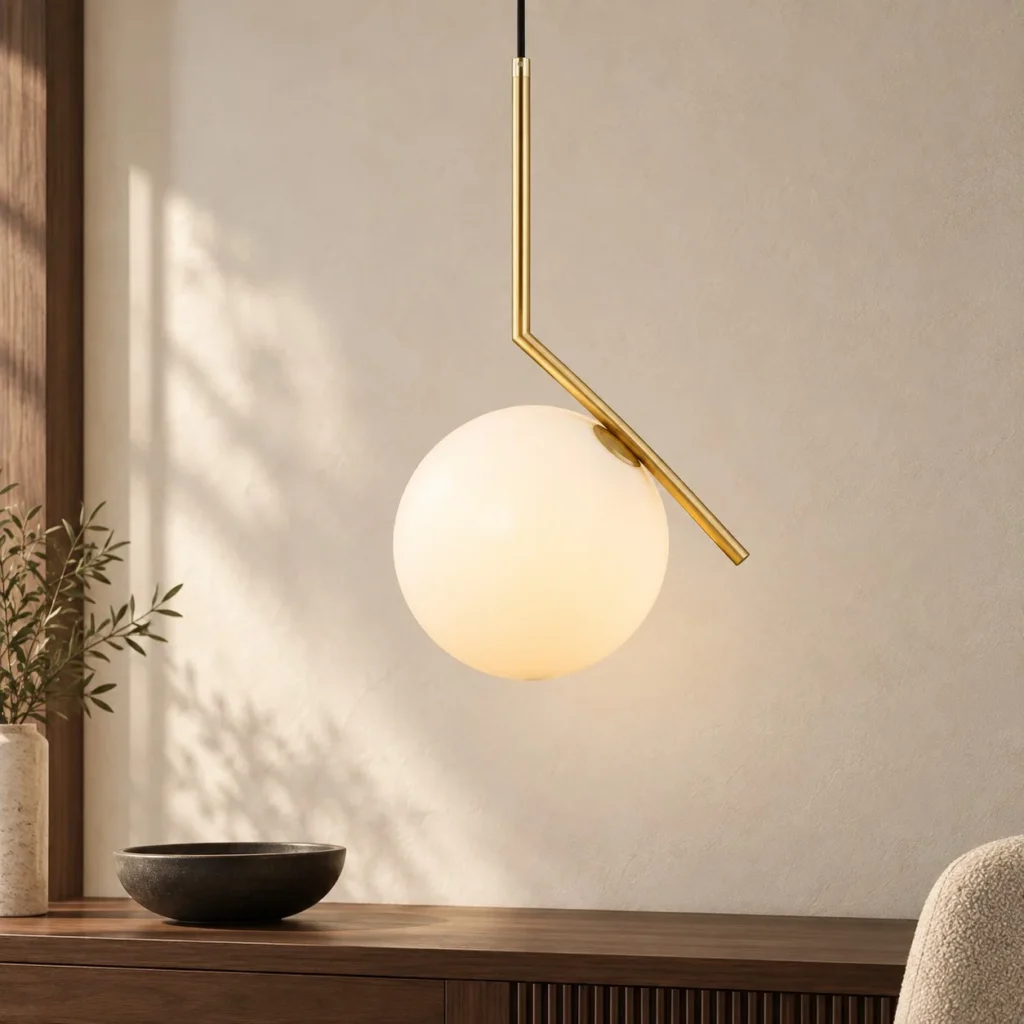 Brass Angled Arm Pendant Light in brushed brass — front view