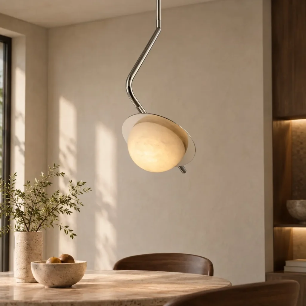 Curved Arm Stone Half-Moon Pendant Light, 12 cm in silver — front view