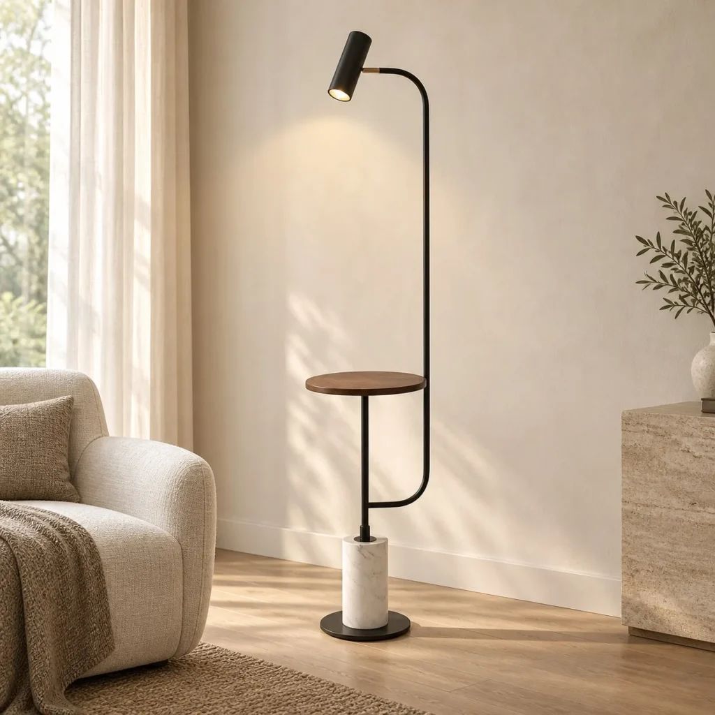 Curved Arm Floor Lamp with Walnut Tray and Marble Base in black — front view