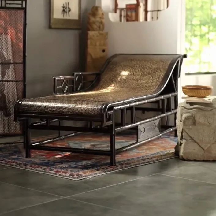 Curved Bamboo and Woven Cane Chaise Lounge in black — front view