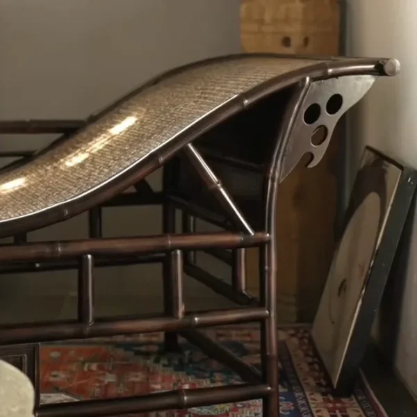 Curved Bamboo and Woven Cane Chaise Lounge in black — detail