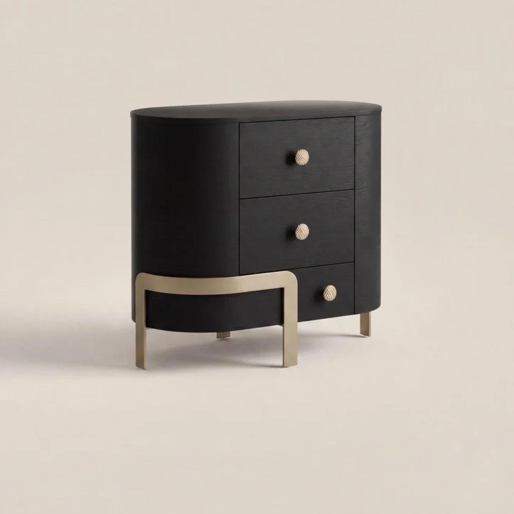 Curved Black Ash Three-Drawer Chest on Champagne Base in black — front view