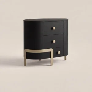 Curved Black Ash Three-Drawer Chest on Champagne Base in black — front view
