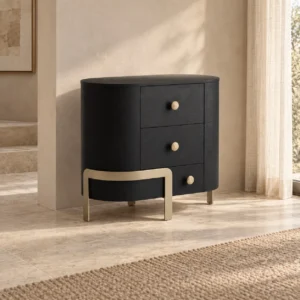 Curved Black Ash Three-Drawer Chest on Champagne Base in black — in a room setting
