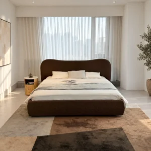Large Curved Cotton-Linen Bed in Maillard Brown — front view