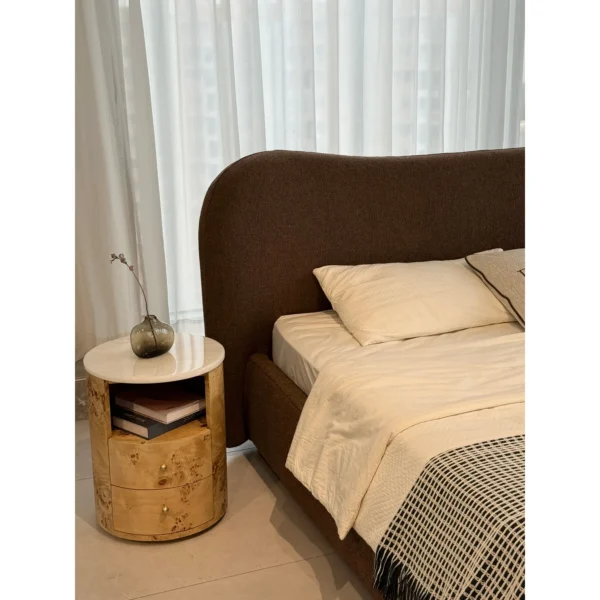 Large Curved Cotton-Linen Bed in Maillard Brown — in a room setting