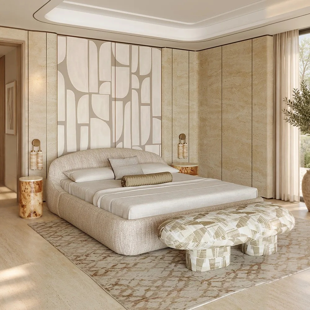 Curved Embrace Linen Bed with Low Surround in oatmeal — front view