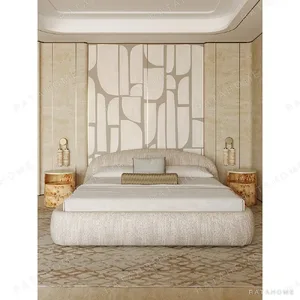 Curved Embrace Linen Bed with Low Surround in oatmeal — in a room setting