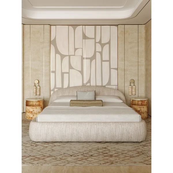 Curved Embrace Linen Bed with Low Surround in oatmeal — in a room setting