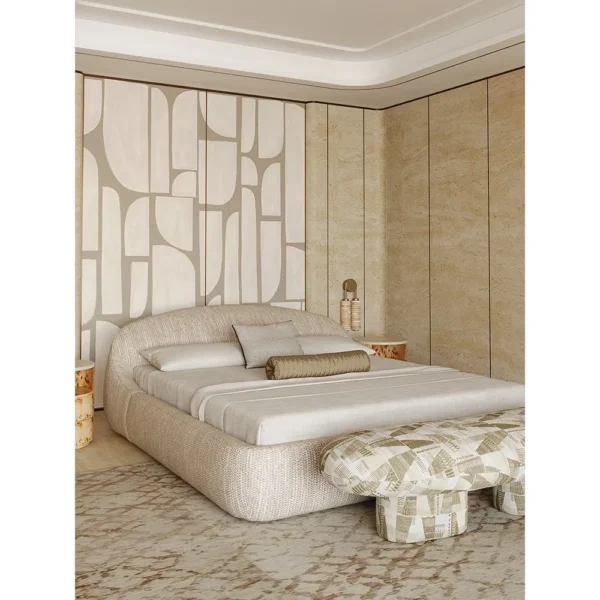 Curved Embrace Linen Bed with Low Surround in oatmeal — in a room setting