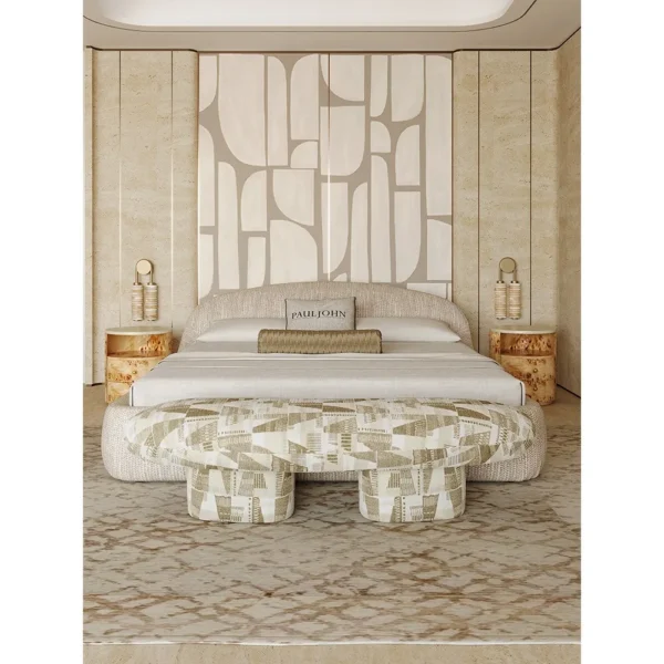 Curved Embrace Linen Bed with Low Surround in oatmeal — in a room setting