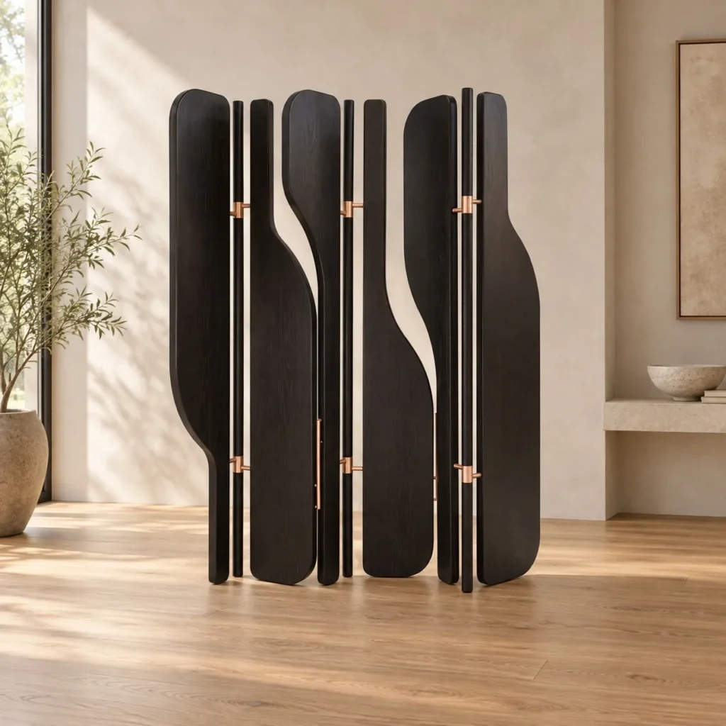 Curved Fan Panel Folding Screen in Black Wood — front view