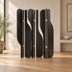 Curved Fan Panel Folding Screen in Black Wood — front view