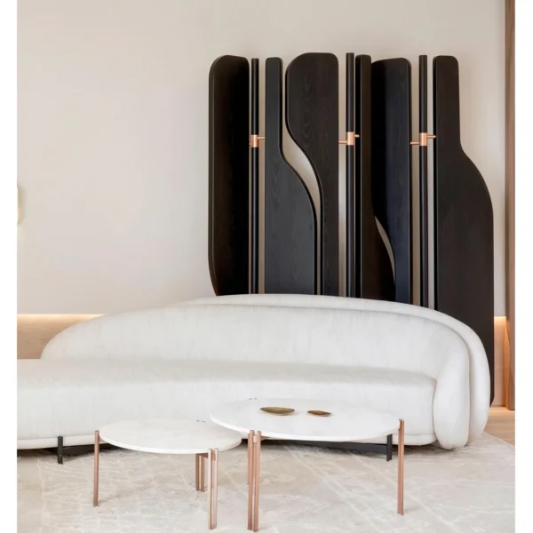 Curved Fan Panel Folding Screen in Black Wood — in a room setting