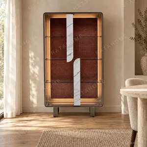 Curved Glass Display Cabinet in sand — in a room setting